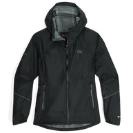 Helium Rain Jacket - Women by Outdoor Research in black, packable waterproof jacket with two hand pockets ideal for rain protection