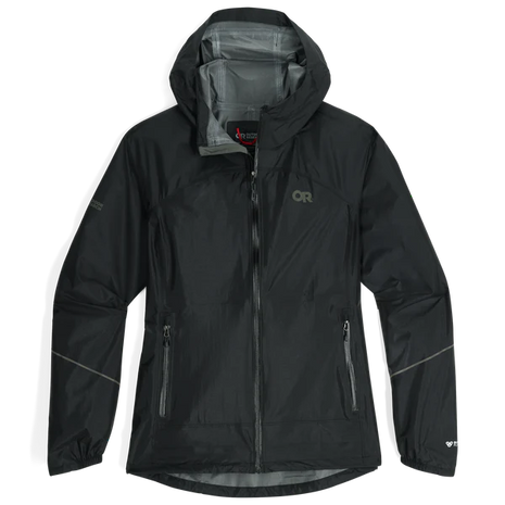 Helium Rain Jacket - Women by Outdoor Research in black, packable waterproof jacket with two hand pockets ideal for rain protection