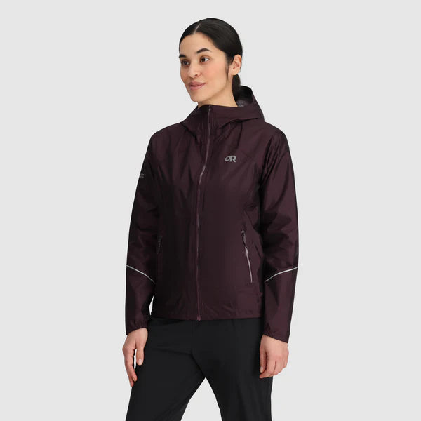 Helium Rain Jacket - Women by Outdoor Research in dark purple waterproof packable jacket with two hand pockets ideal for outdoor protection