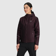 Helium Rain Jacket - Women by Outdoor Research in dark purple waterproof packable jacket with two hand pockets ideal for outdoor protection