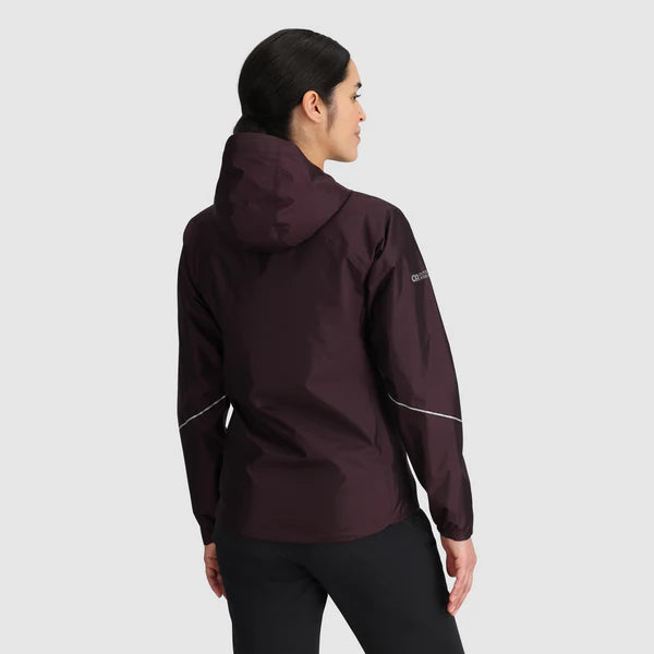Helium Rain Jacket - Women by Outdoor Research in deep plum, packable waterproof jacket with two hand pockets for versatile outdoor protection