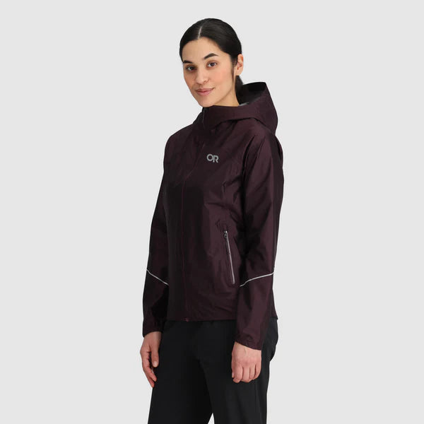 Helium Rain Jacket - Women by Outdoor Research in dark purple, packable waterproof jacket with two hand pockets for versatile outdoor use