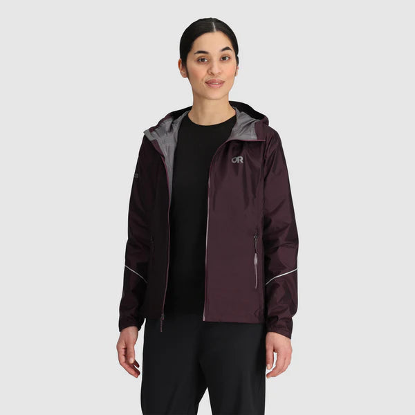 Helium Rain Jacket - Women by Outdoor Research in dark purple waterproof packable jacket with two hand pockets for outdoor protection