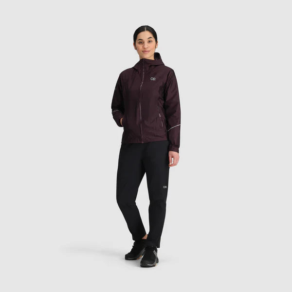 Helium Rain Jacket - Women by Outdoor Research in dark plum, packable waterproof jacket with two hand pockets for outdoor protection and travel
