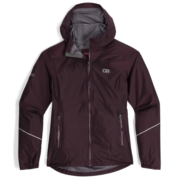Helium Rain Jacket - Women by Outdoor Research in dark purple, packable waterproof jacket with two hand pockets for outdoor protection