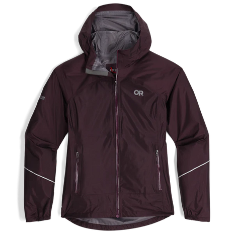 Helium Rain Jacket - Women by Outdoor Research in dark purple, packable waterproof jacket with two hand pockets for outdoor protection