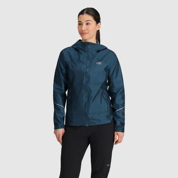 Helium Rain Jacket - Women by Outdoor Research in navy blue, packable waterproof jacket with hood and two hand pockets for outdoor use