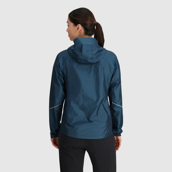 Helium Rain Jacket - Women by Outdoor Research in dark blue, packable waterproof jacket with hood and two hand pockets for outdoor use