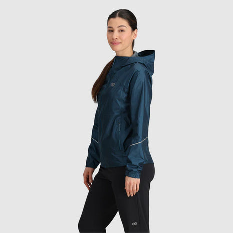 Helium Rain Jacket - Women by Outdoor Research in dark teal with waterproof packable design and two hand pockets for outdoor protection
