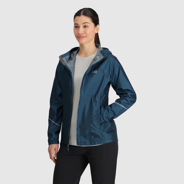 Helium Rain Jacket - Women by Outdoor Research in dark blue waterproof, packable jacket with two hand pockets for outdoor protection