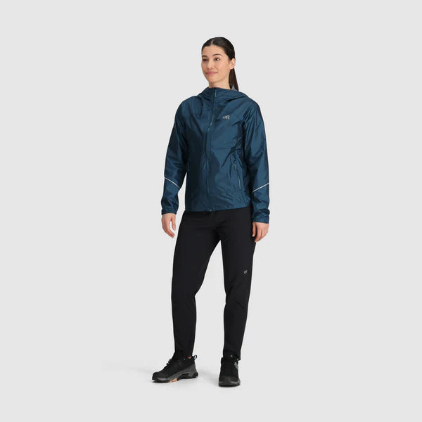 Helium Rain Jacket - Women by Outdoor Research in dark blue packable waterproof jacket with two hand pockets, ideal for outdoor protection