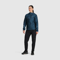 Helium Rain Jacket - Women by Outdoor Research in dark blue packable waterproof jacket with two hand pockets, ideal for outdoor protection