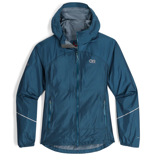 Helium Rain Jacket - Women by Outdoor Research in blue, packable waterproof jacket with two hand pockets for versatile outdoor protection