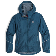 Helium Rain Jacket - Women by Outdoor Research in blue, packable waterproof jacket with two hand pockets for versatile outdoor protection