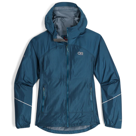 Helium Rain Jacket - Women by Outdoor Research in blue, packable waterproof jacket with two hand pockets for versatile outdoor protection