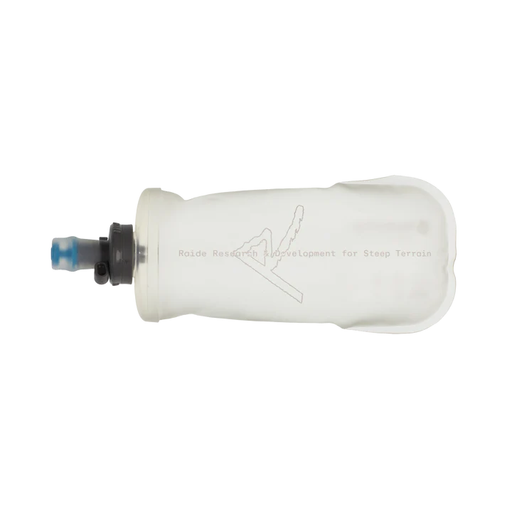 360ml Locking Flask by Raide Research in translucent white with black and blue lock, soda can sized flask for running and trail use with belt compatibility