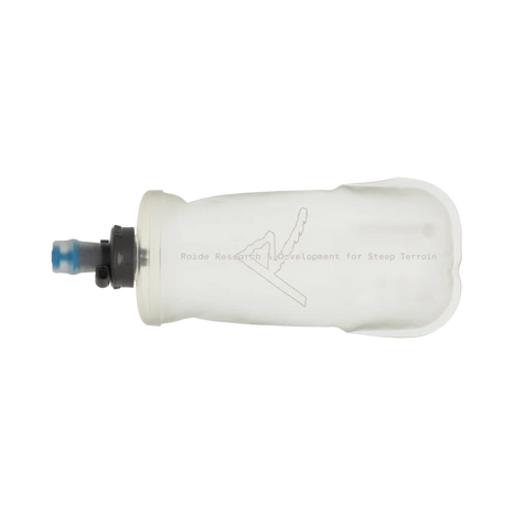 360ml Locking Flask by Raide Research in translucent white with black and blue lock, soda can sized flask for running and trail use with belt compatibility