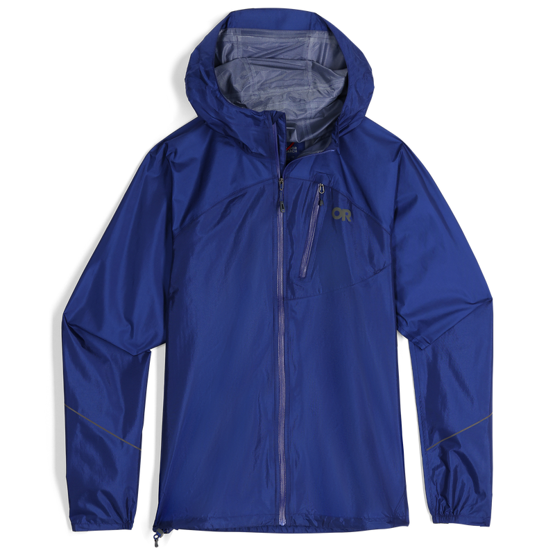 Helium Rain Jacket - Men by Outdoor Research in blue, lightweight waterproof jacket with durable protection for outdoor running and activities