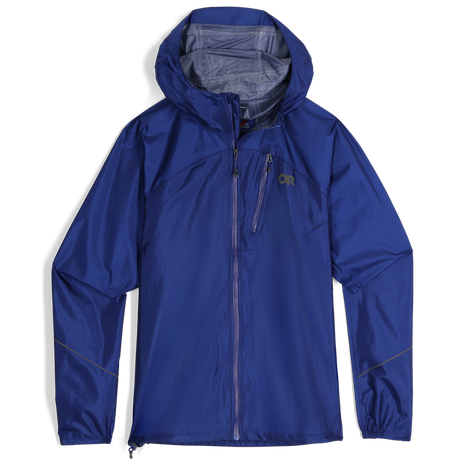 Helium Rain Jacket - Men by Outdoor Research in blue, lightweight waterproof jacket with durable protection for outdoor running and activities