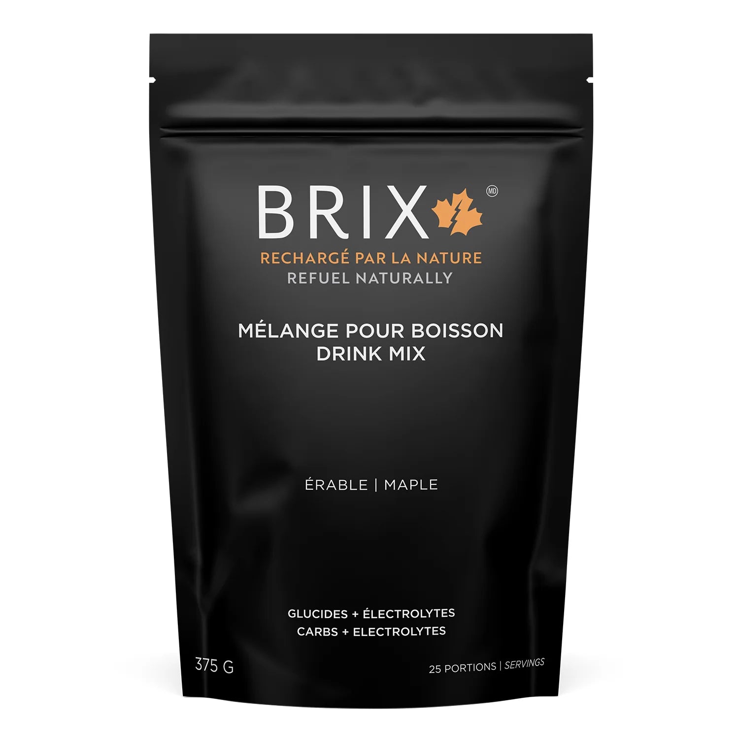 Drink Mix Maple 15g by Brix in black pouch with maple flavor, natural carbs and electrolytes for hydration during running and outdoor activities