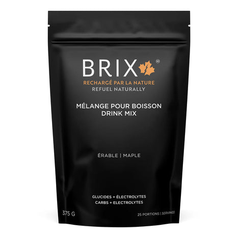 Drink Mix Maple 15g by Brix in black pouch with maple flavor, natural carbs and electrolytes for hydration during running and outdoor activities