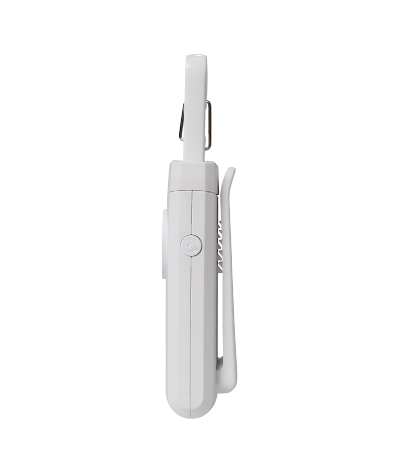 Siren LED Alarm RX by Nathan in white, rechargeable personal safety alarm with USB-C cord for running and outdoor visibility