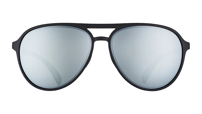Add The Chrome Package by Goodr in black and silver with polarized reflective lenses and UV400 protection aviator sunglasses