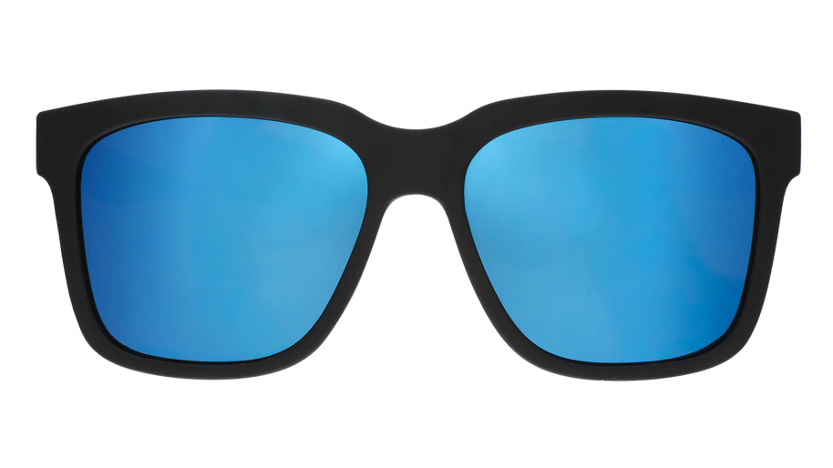 Buoys Don't Cry by Goodr, black frame sunglasses with blue reflective water-repellent lenses for wave chasers and beach use