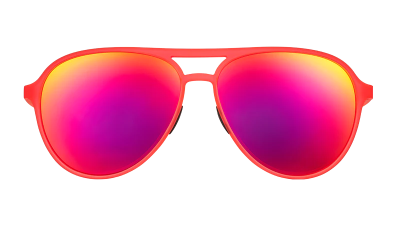 Captain Blunt's Red-Eye by Goodr in red and pink aviator sunglasses with no slip, no bounce, designed for bigger noggins and late flights