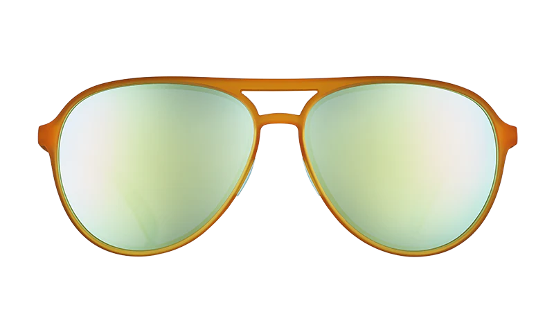 Cheesy Flight Attendant by Goodr in orange aviator frames with blue reflective lenses, wider fit for larger heads, ideal for outdoor use