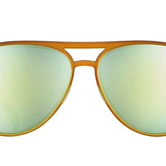 Cheesy Flight Attendant by Goodr in orange aviator frames with blue reflective lenses, wider fit for larger heads, ideal for outdoor use
