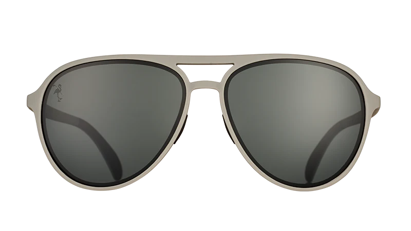 Clubhouse Closeout by Goodr black and gray aviator sunglasses with polarized lenses, no slip and no bounce, ideal for golf and clubhouse use