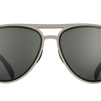 Clubhouse Closeout by Goodr black and gray aviator sunglasses with polarized lenses, no slip and no bounce, ideal for golf and clubhouse use