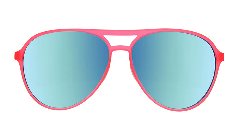Carl Is My Co-Pilot by Goodr in pink and blue aviator sunglasses, lightweight accessories for stylish outdoor speed and fun