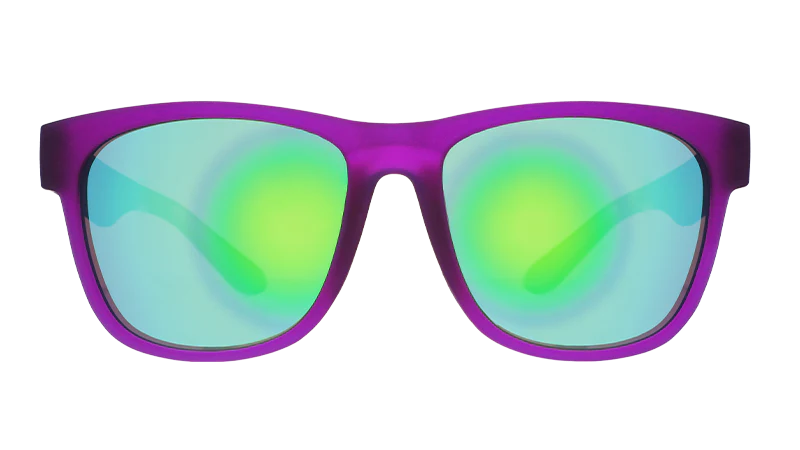 Colossal Squid Confessions sunglasses by Goodr in purple with green reflective lenses, lightweight accessory ideal for outdoor use