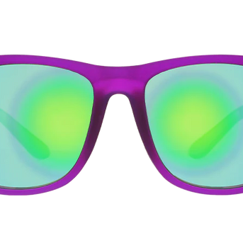 Colossal Squid Confessions sunglasses by Goodr in purple with green reflective lenses, lightweight accessory ideal for outdoor use
