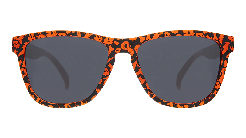 Exercise the Demons!!! by Goodr in black lenses with orange and black patterned frames, stylish lightweight glasses ideal for outdoor use