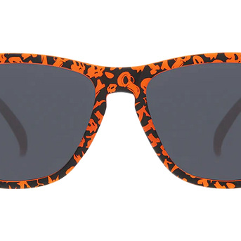 Exercise the Demons!!! by Goodr in black lenses with orange and black patterned frames, stylish lightweight glasses ideal for outdoor use