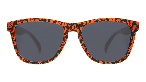 Exercise the Demons!!! by Goodr in black lenses with orange and black patterned frames, stylish lightweight glasses ideal for outdoor use