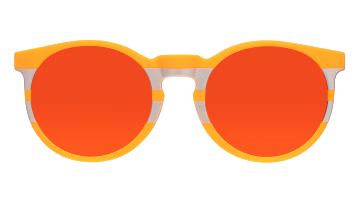 Face Under Construction by Goodr in orange and reflective silver with orange lenses non-reflective for outdoor running and casual wear
