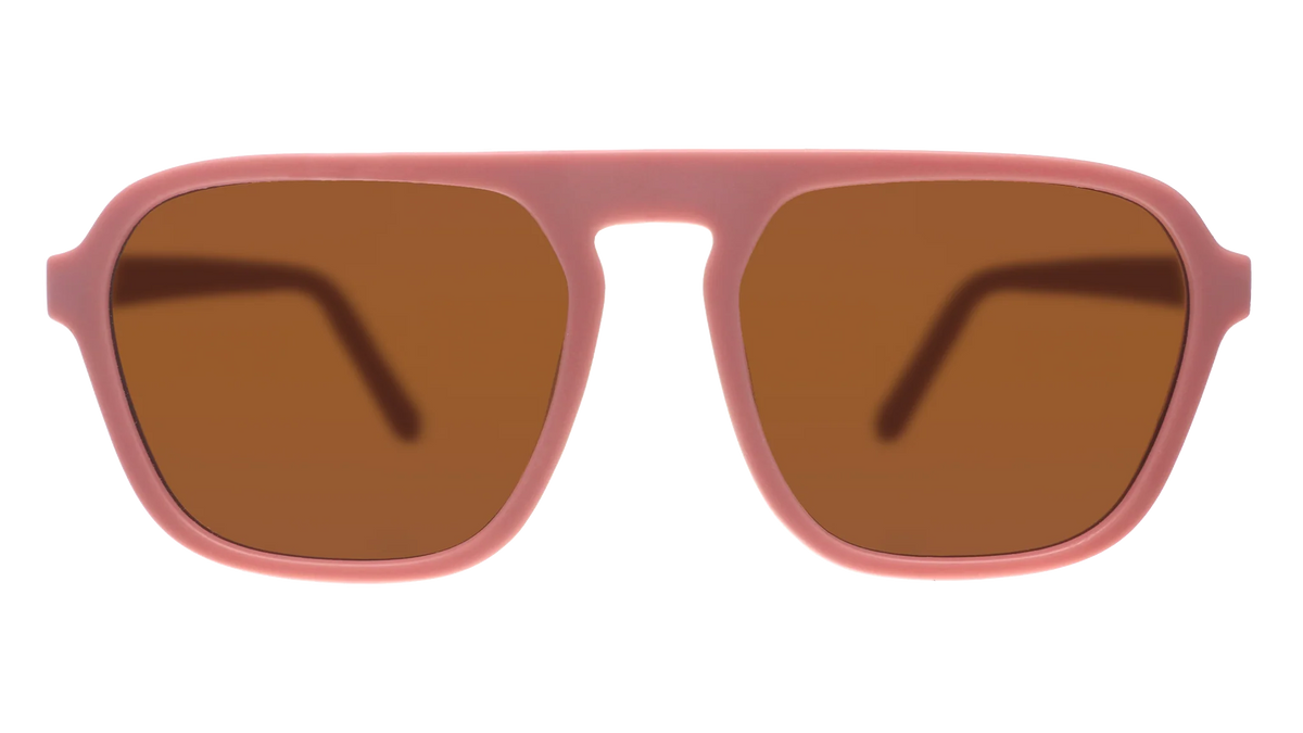 Threaten Me With a Good Time by Goodr in light pink vintage square aviator frames with brown non-reflective lenses for active use