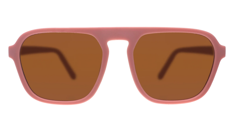 Threaten Me With a Good Time by Goodr in light pink vintage square aviator frames with brown non-reflective lenses for active use