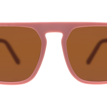 Threaten Me With a Good Time by Goodr in light pink vintage square aviator frames with brown non-reflective lenses for active use