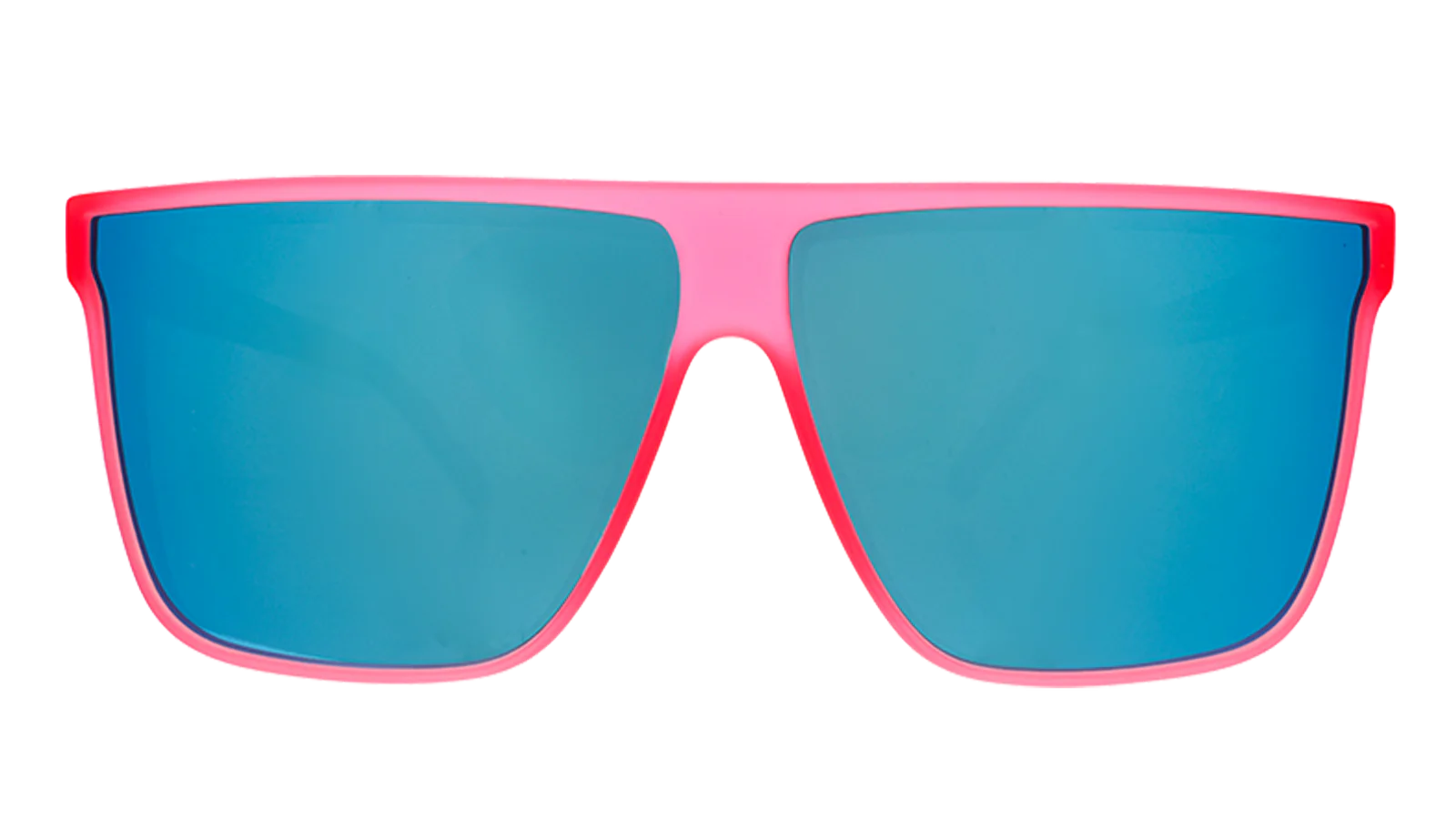 Entourage Sold Separately by Goodr in translucent hot pink with teal reflective lenses, stylish sunglasses for casual outdoor use and running