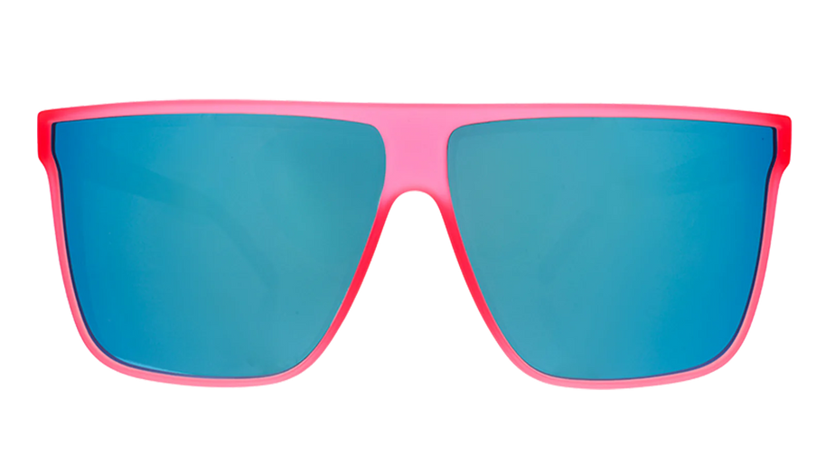 Entourage Sold Separately by Goodr in translucent hot pink with teal reflective lenses, stylish sunglasses for casual outdoor use and running