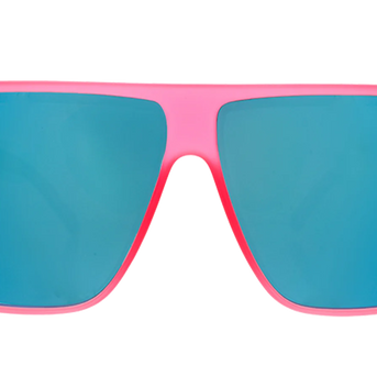 Entourage Sold Separately by Goodr in translucent hot pink with teal reflective lenses, stylish sunglasses for casual outdoor use and running