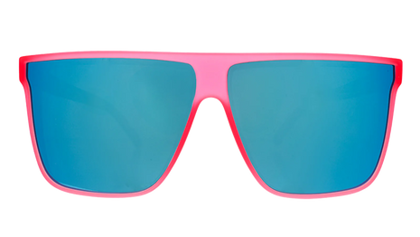 Entourage Sold Separately by Goodr in translucent hot pink with teal reflective lenses, stylish sunglasses for casual outdoor use and running