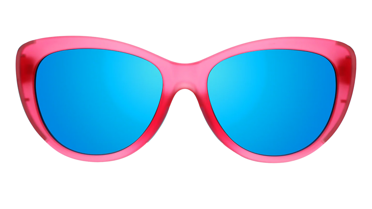 Flamingo Couture by Goodr translucent pink cat-eye sunglasses with teal reflective lenses and chrome accents for bold style