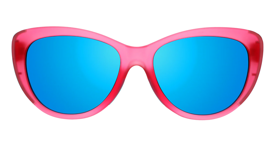 Flamingo Couture by Goodr translucent pink cat-eye sunglasses with teal reflective lenses and chrome accents for bold style