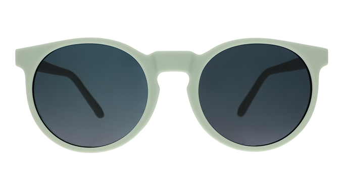 Front view of the Goodr Incognito Plant Parent sunglasses with round sage green frames and dark lenses